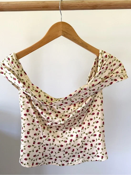 Reformation Lux Silk Off Shoulder Corset Top in Rose Print - 0